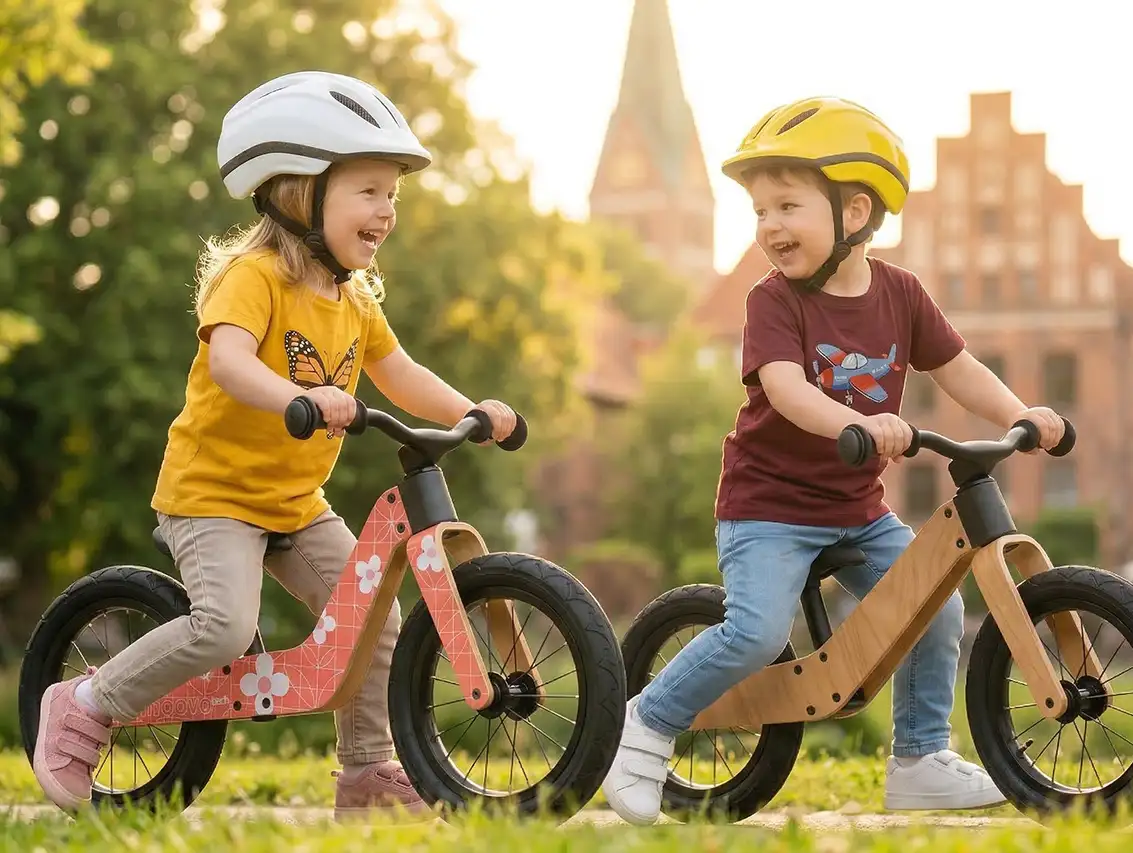 Kinder auf dem nachhaltigen Kinderlaufrad mika von smoovotech